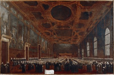 Første audiens av Doge of Venezia før Grand Council (olje på lerret av Gabriele Bella