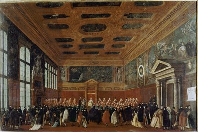Mottak av ambassadører ved Collegio (Venezia, mottakelse av en ambassadør ved Collegio) - Maleri av Gabriele Bella (ca. 1730-1799), olje på lerret, 99x150 cm. Venezia, Querini Stampalia Foundation av Gabriele Bella