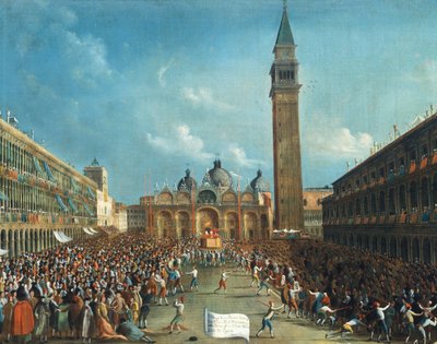 Dogen blir båret triumferende og sprer penger på Piazza San Marco (Markusplassen) av Gabriele Bella