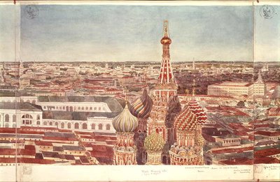 Panorama over Moskva, som viser St. Basil-katedralen, 1819 (wc på papir) (se 170139-170146) av Gadolle