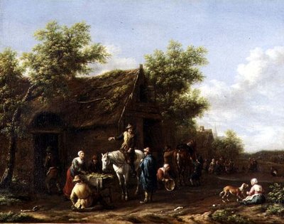 Reisende hviler hestene sine ved en låve av Gael Barend