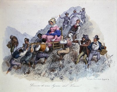 En turist som stiger ned fra Vesuv, ca. 1830 (farge litho) av Gaetano (after) Dura