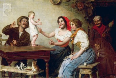 First Steps, av Gaetano Bellei (1857-1922), olje på lerret, 55x82,5 cm av Gaetano Bellei