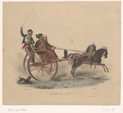 Tre menn i en vogn Galessino di Napoli (tittel på objekt) av Gaetano Dura