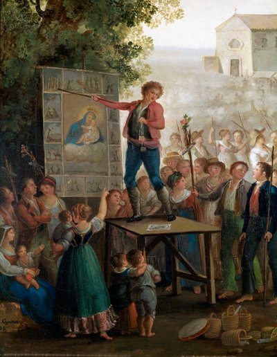 En gatekunstner som synger jomfruens mirakler på festen for Madonna dell