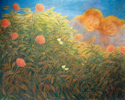 Blomster og sommerfugler, av Gaetano Previati (1852-1920), olje på lerret av Gaetano Previati