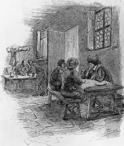 Renzo, Tonio og Gervase på vertshuset, kapittel VII, illustrasjon av Gaetano Previati (1852-1920) for trofasthet, historisk roman av Alessandro Manzoni (1785-1873) av Gaetano Previati