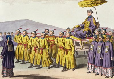 Keiser Chien Lung bar Triumph, plate 18 fra Le Costume Ancien et Moderne av Jules Ferrario, utgitt ca. 1820-30-tallet av Gaetano Zancon