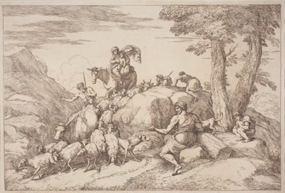 En pastoral reise med en mor og et barn til hest og en eldre hyrde sittende av Gaetano Zompini, after Giovanni Benedetto Castiglione