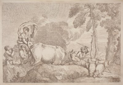 En kvinne med to barn til hest av Gaetano Zompini, after Giovanni Benedetto Castiglione