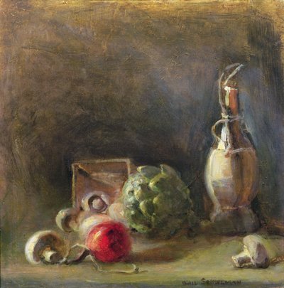 Vinmugge med artisjokk og sopp (olje på lerret) av Gail Schulman