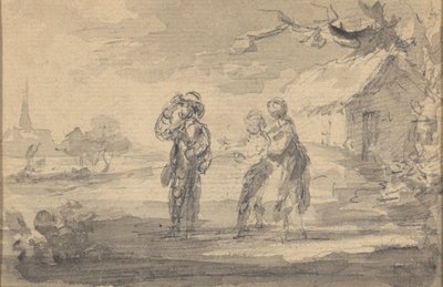 Landskap med tre figurer, hytte og kirkespir av Gainsborough Dupont