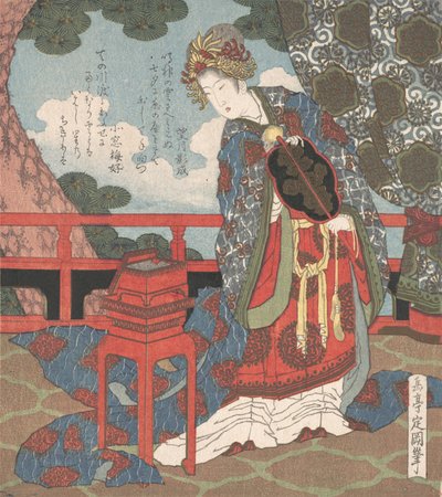 Dame med vifte stående på verandaen, 1800-tallet. av Gakutei