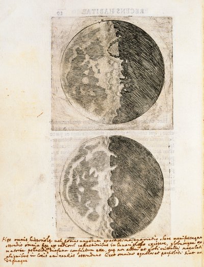 Sidereus Nuncius (Starry Messenger) med tegninger av månens faser og overflate av Galileo Galilei
