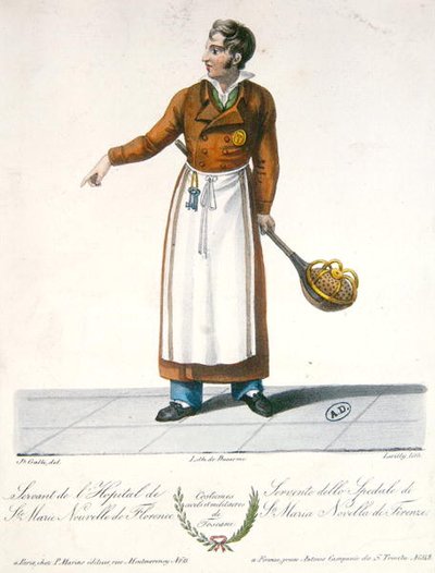 En tjener ved Santa Maria Novella-sykehuset i Firenze, tidlig på det nittende århundre (farge litho) av Galli (after)