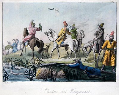 Kirghiziske jegere som skyter og jakter med falker, illustrasjon fra 