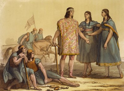 Innfødte fra Araucani-stammen, Argentina, fra Le Costume Ancien et Moderne, bind II, plate 37, av Jules Ferrario, utgitt ca. 1820-30-tallet av Gallo Gallina