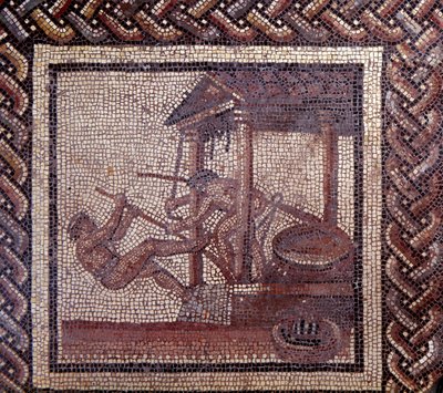 Gallo Roman Art: mosaikkbelegg som representerer en rustikk kalender. En oljepresse. Slutt 2., begynnelsen av 3. århundre etter JC. Fra Saint-Romain-en-Gal (Rhone). Saint Germain en Laye, Nasjonalmuseet for arkeologi av Gallo Roman