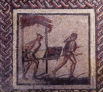 Gallo Roman Art: mosaikkbelegg som representerer en rustikk kalender. Gjødseltransportscene. Slutt 2., begynnelsen av 3. århundre etter JC. Fra Saint-Romain-en-Gal (Saint Romain en Gal, Rhone). Saint Germain en Laye, Nasjonalmuseet for arkeologi av Gallo Roman