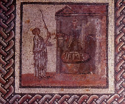 Gallo Roman Art: mosaikkbelegg som representerer en rustikk kalender. Verket har slipeskiven. Slutt 2., begynnelsen av 3. århundre etter JC. Fra Saint-Romain-en-Gal (Rhône). Saint Germain en Laye, Nasjonalmuseet for arkeologi av Gallo Roman