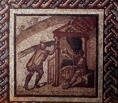 Gallo Roman Art: mosaikkbelegg som representerer en rustikk kalender. Flettarbeid og flettekurver. Slutt 2., begynnelsen av 3. århundre etter JC. Fra Saint-Romain-en-Gal (Rhône). Saint Germain en Laye, Nasjonalmuseet for arkeologi av Gallo Roman