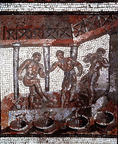 Scene med å tråkke druer i et kar. (mosaikk, slutten av 2., begynnelsen av 3. århundre) av Gallo Roman