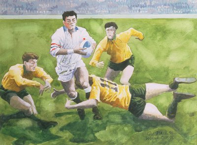 Rugbykamp: England mot Australia i verdenscupfinalen, 1991, Will Carling blir taklet (wc) av Gareth Lloyd Ball