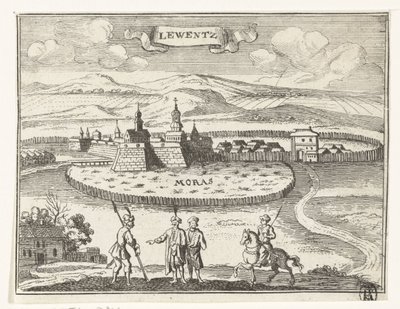 Utsikt over Levice Topografiske bilder av Østerrike, Ungarn og Balkan (serietittel) Kort beskrivelse, og aen-wysinghe der plaetsen i desen boeck, med deres teghen-ord, stående, pertinent uyt-ghebeldt, i Oostenryck (serien av Gaspar Bouttats