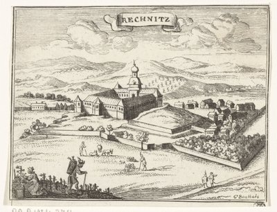 Utsikt over Rechnitz Topografiske bilder av Østerrike, Ungarn og Balkan (serietittel) Kort beskrivelse, og aen-wysinghe der placesen i desen boeck, med deres teghen-ord, stående, relevant uyt-ghebeldt, i Oostenryck (ser. av Gaspar Bouttats