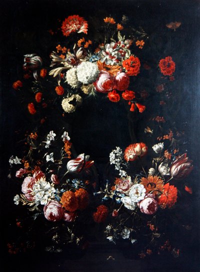 Et blomsterstykke (olje på lerret) av Gaspar Pieter II Verbruggen