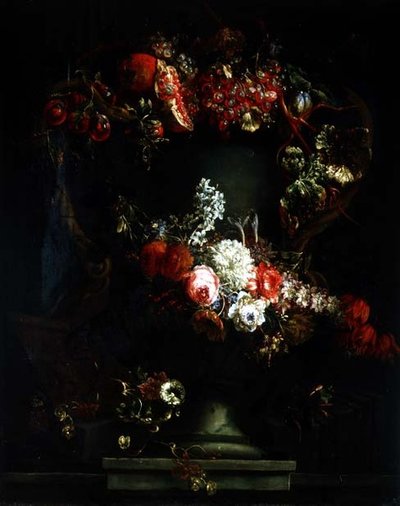 Swag av druer, plommer og granateple med blomster av Gaspar Pieter II Verbruggen