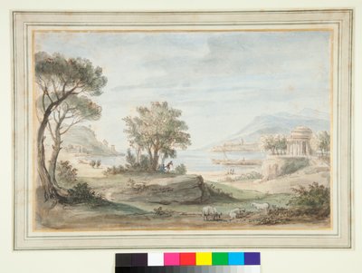 Landskap med et rundt tempel (penn og brunt blekk og fargede vasker) av Gaspar van Wittel