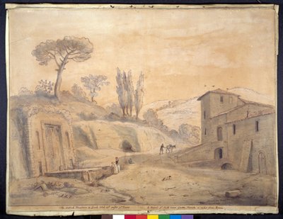 Den antikke fontenen og buen ved Grottaferrata, Roma (penn og blekk med akvarell på papir) av Gaspar van Wittel