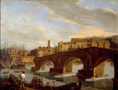 Utsikt over Tiberen i nivå med bruddbroen i Roma Maleri av Gaspare Vanvitelli (Gaspar van Wittel, Caspar Van Vitelli) (1653-1736) Dim 39,5x51 cm Milano, Galleria d