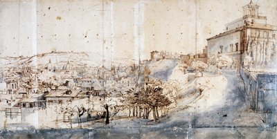 Villa Medici i Roma (blyant og akvarell på papir) av Gaspar van Wittel