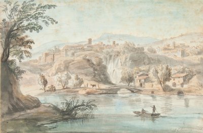 Landskap i Tivoli, 1701-10 (penn, brunt blekk og farget vask på papir) av Gaspar van Wittel