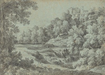 Italiensk landskap med festningsverk og en foss av Gaspard Dughet