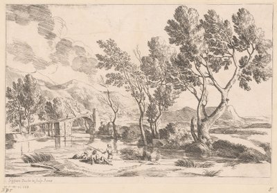 Elvelandskap med bru og fiskere av Gaspard Dughet