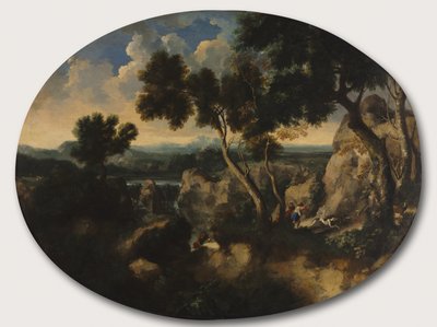 Steinete landskap med jegere, ca. 1635 av Gaspard Poussin Dughet