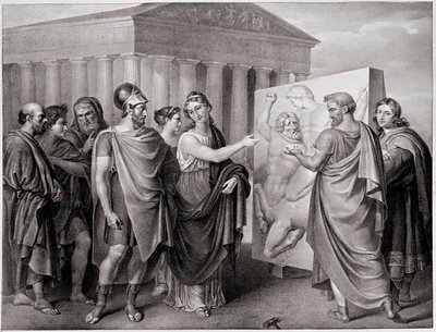 Den athenske politikeren Pericles (495-429 f.Kr.) og Aspasie hans følgesvenn styrer Phidias