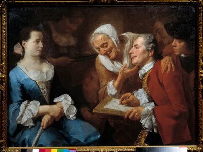 En maler og hans modell, bak ham strekker en gammel kvinne nakken for å se hennes tegning. Maleri av Gaspare Traversi (1732- 1769) 1754 Søn. 0,99x0,73 m av Gaspare Traversi