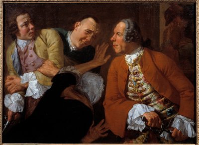 Kampen mellom herrer. Maleri av Gaspare Traversi (1732-1769) 1700-tallet søn. 0,99x0,73 m av Gaspare Traversi