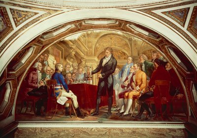 Alessandro Volta (1745-1827) viser fram sitt nyoppfunne batteri til Napoleon (1769-1821) ved Institut de France i Paris, 7. november av Gaspero Martellini