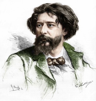 Portrait of Alphonse Daudet (1840-1897), French writer. Engraving by A. Pochy after Gaston Vuillier, sd. late 19th century. av Gaston (after) Vuillier