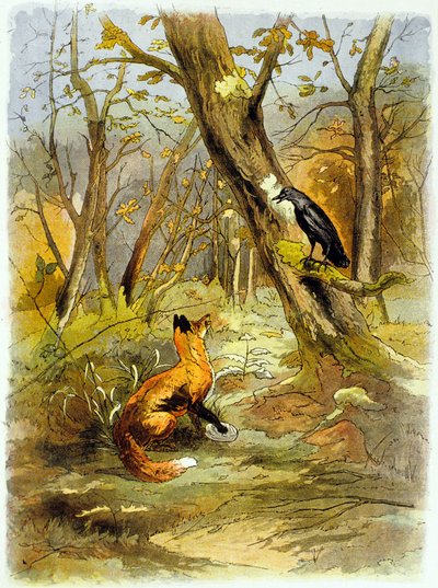 La Fontaines fabel: Kråken og reven (illustrasjon, ca. 1900) av Gaston Gelibert