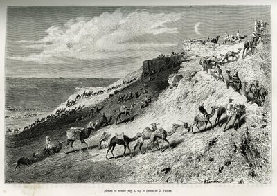 Akabah eller stille opp kameler fra campingvognen. Gravering av G.Vuillier, for å illustrere historien "" pelerinage au Nedjed, den arabiske rasens vugge"", av Lady Anna Blunt, i 1878-1879, publisert i Tour du monde, under ledelse av Edouard Charton (1807- av Gaston Vuillier