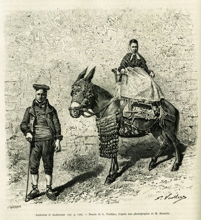 Andorra og Andorra. Gravering av G.Vuillier, for å illustrere historien Le val d
