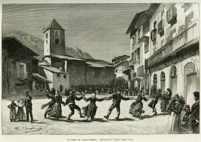 Danser på torget. Gravering av G.Vuillier, for å illustrere historien Le val d