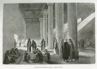 Inne i palasset til Emir Muhammad Ibn Abdullah Al Rashid (1872-1897), i Hail, Saudi-Arabia. Gravering av G.Vuillier, for å illustrere historien "" pelerinage au Nedjed, den arabiske rasens vugge"", av Lady Anna Blunt, i 1878-1879, publisert i Tour du mo av Gaston Vuillier