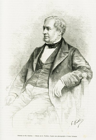 Portrett av Edouard Charton. Gravering av G.Vuillier, etter et fotografi av Adam Salomon, for å illustrere artikkelen med tittelen M. Charton av Paul Laffite i le tour du monde 1890, redigert av Edouard Charton (1807-1890), Hachette, Paris. av Gaston Vuillier